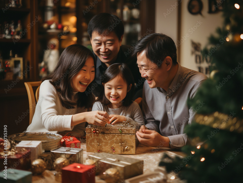 An Asian family wrapping gifts for the Holidays An Asian family wrapping gifts for the Holidays