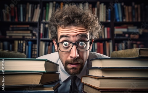 A school teacher man wearing glasses with books