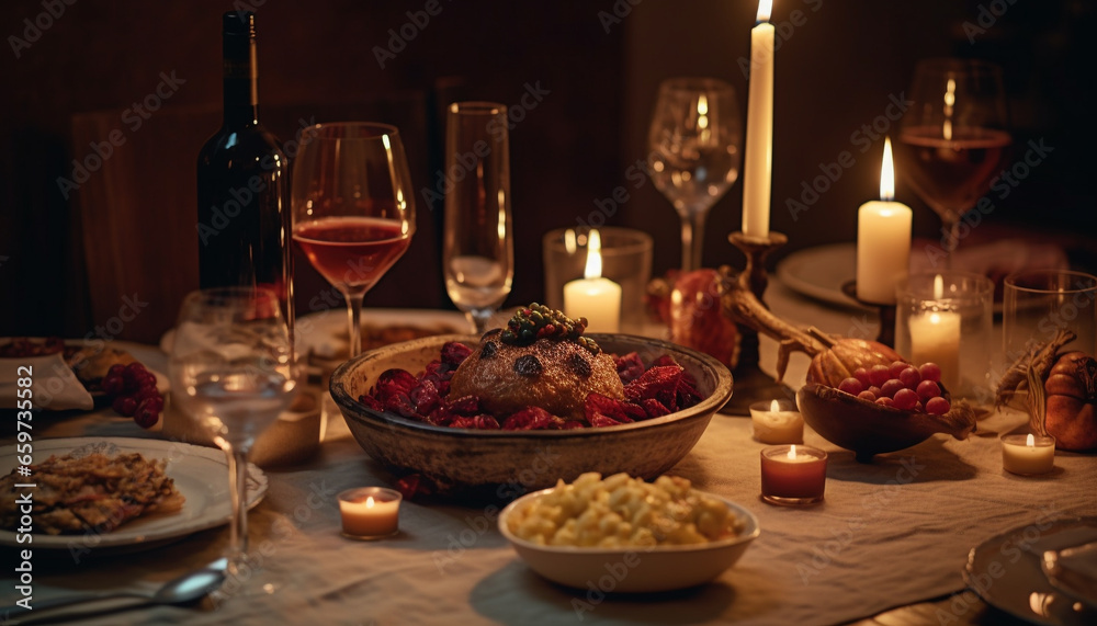 Indulgent gourmet meal, candlelit celebration, wine bottle and chocolate dessert generated by AI