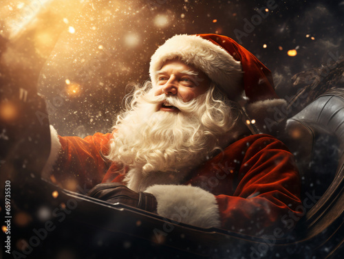 A traditional-looking Santa being lit-up by magical yellow light