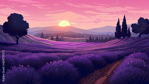 Lavender Field Landscape Wallpaper Illustration © Mr