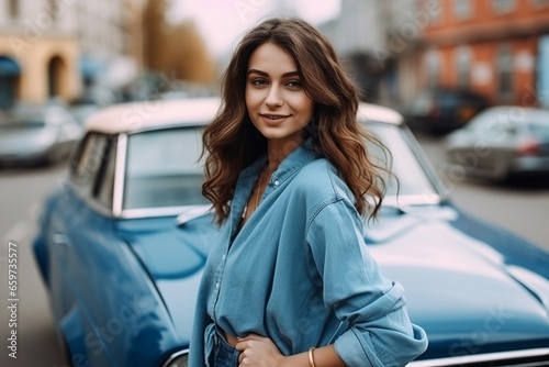 Cheerful young woman standing near car