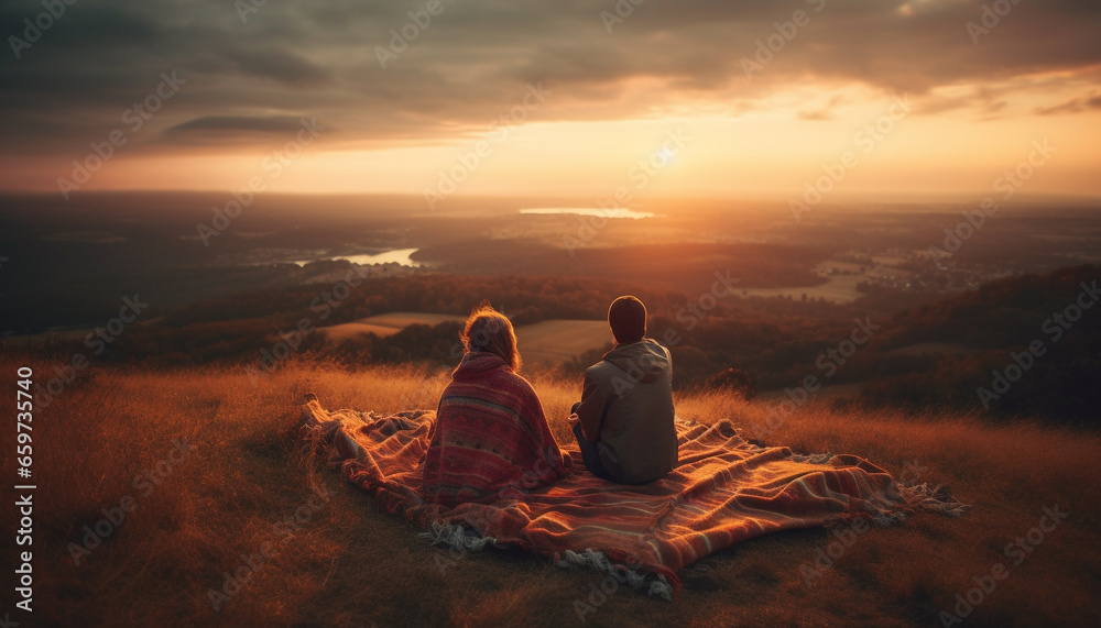 Two cheerful adults embracing on mountain peak enjoying nature beauty generated by AI