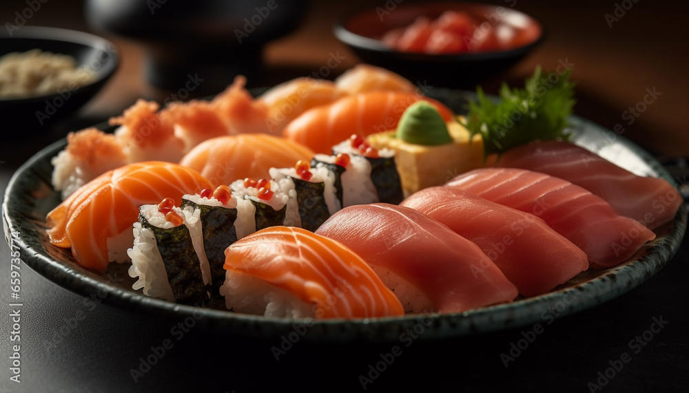 A gourmet seafood meal with fresh sashimi, nigiri, and maki generated by AI A gourmet seafood meal with fresh sashimi, nigiri, and maki generated by AI