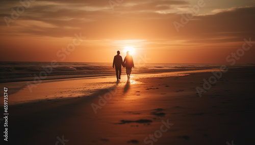 Heterosexual couple walking on the sand, holding hands at sunset generated by AI