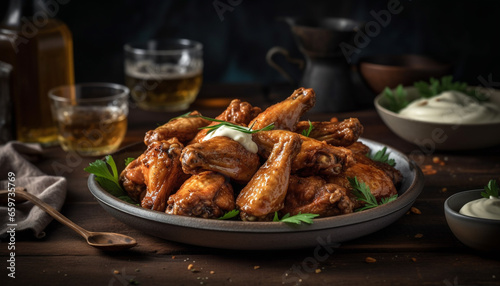 Grilled chicken wings on rustic plate, with spicy homemade dip generated by AI