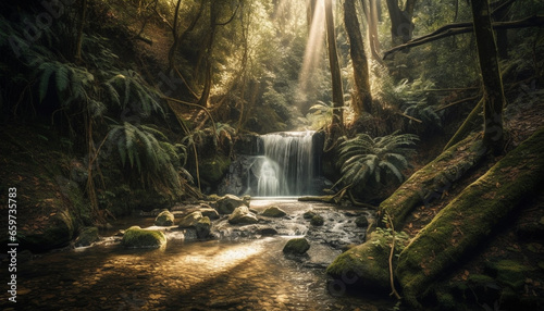 Tranquil scene of flowing water in tropical rainforest paradise generated by AI