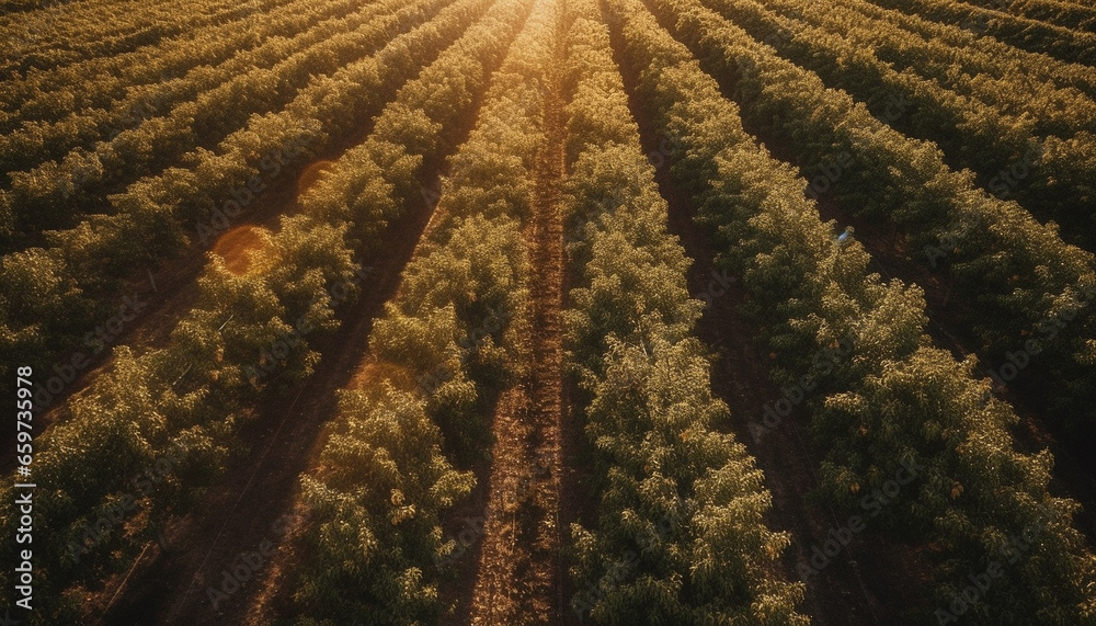 Fototapeta premium Ripe fruit in a meadow, backlit by the sunrise generated by AI