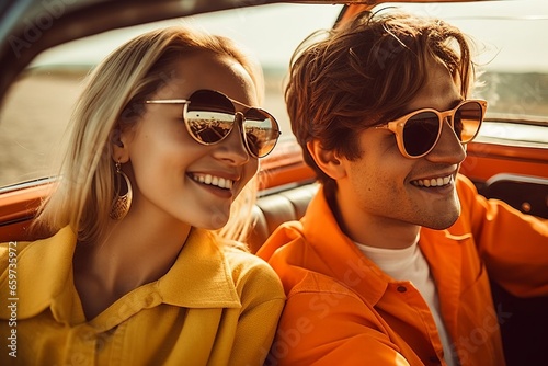 Smiling woman in sunglasses in car