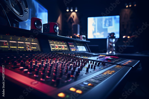 Modern interior of professional recording studio with music production equipment, sound mixing console, digital control panel for audio record industry photo
