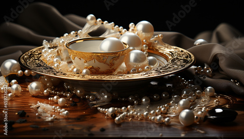 Wooden table, elegant crockery, gold jewelry, antique coffee cup, shiny saucer generated by AI