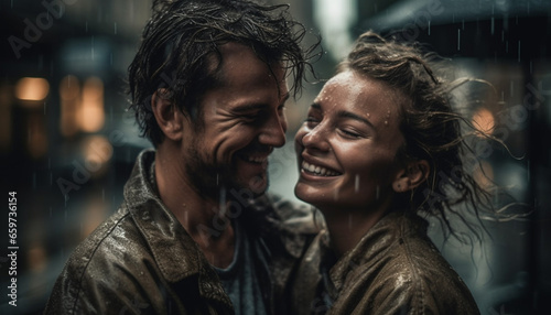 A carefree young couple embraces in the rain, enjoying togetherness generated by AI