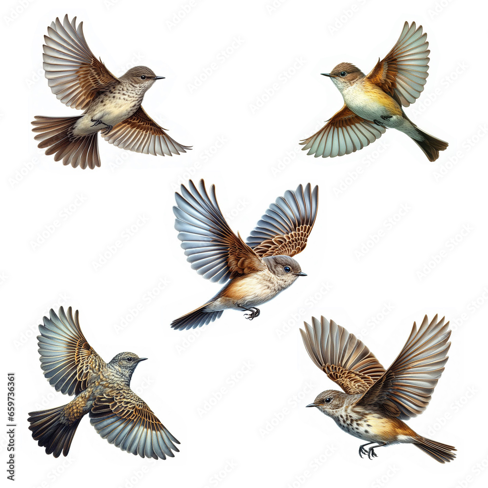Fototapeta premium A set of Eastern Phoebes flying isolated on a white background
