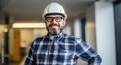 Portrait of a Smiling Male Engineer in a white helmet in Office or Construction Site, Factory. Happy Man Builder, Architect, Manager in a hardhat. Men at work
