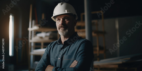 Man Engineer, Builder, Architect, Manager in a hardhat. Portrait of a Male Engineer with beard in a white helmet on a construction site, factory, workshop or warehouse. Men at work photo