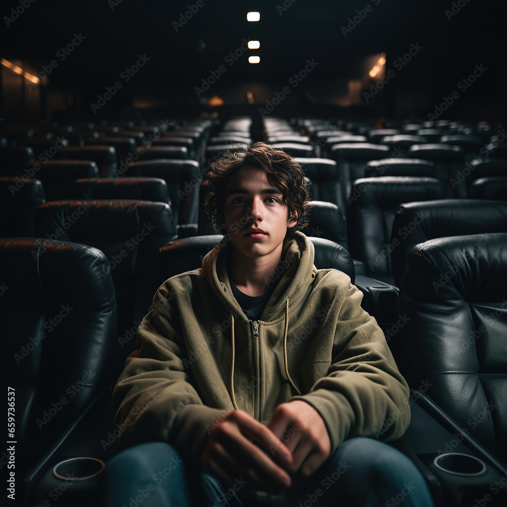 Young teenager sitting in a theater watching a movie alone with expressionless face in the cinema