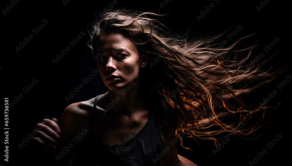 Confident young woman exudes elegance and sensuality in studio shot generated by AI