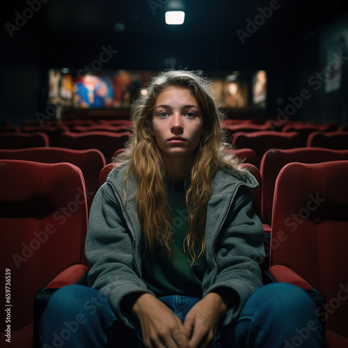 Young teenager sitting in a theater watching a movie alone with expressionless face in the cinema