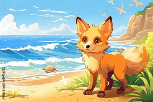 anime style scenery background  a fox on the beach
