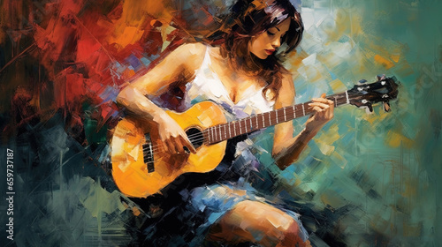 Antique Colorful Liquid Art Watercolor Illustration of Lady Guitarist Playing Guitar on Canvas