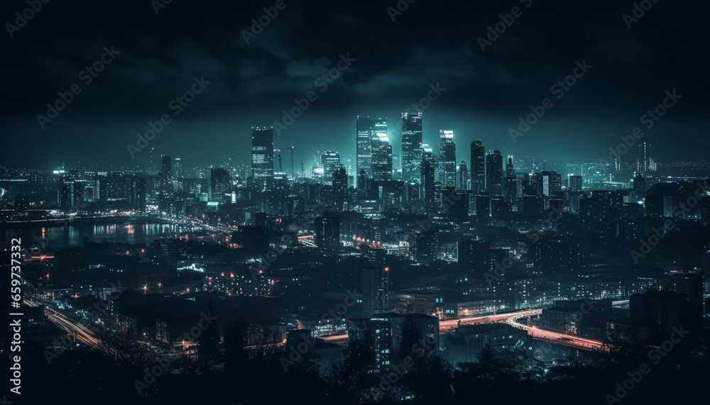 The bright city skyline glows with modern skyscrapers at night generated by AI The bright city skyline glows with modern skyscrapers at night generated by AI