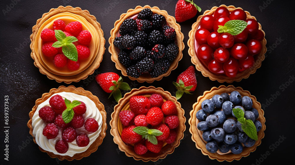 Many Different Berry Tarts on Table Top View - obrazy, fototapety, plakaty 