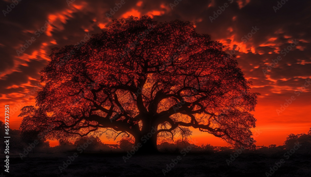Silhouette of acacia tree back lit by orange sunset sky generated by AI
