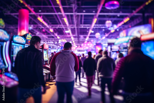 long exposre shot of World region gaming expo, gaming industry event or gaming competition amusement, with many blurred people walking