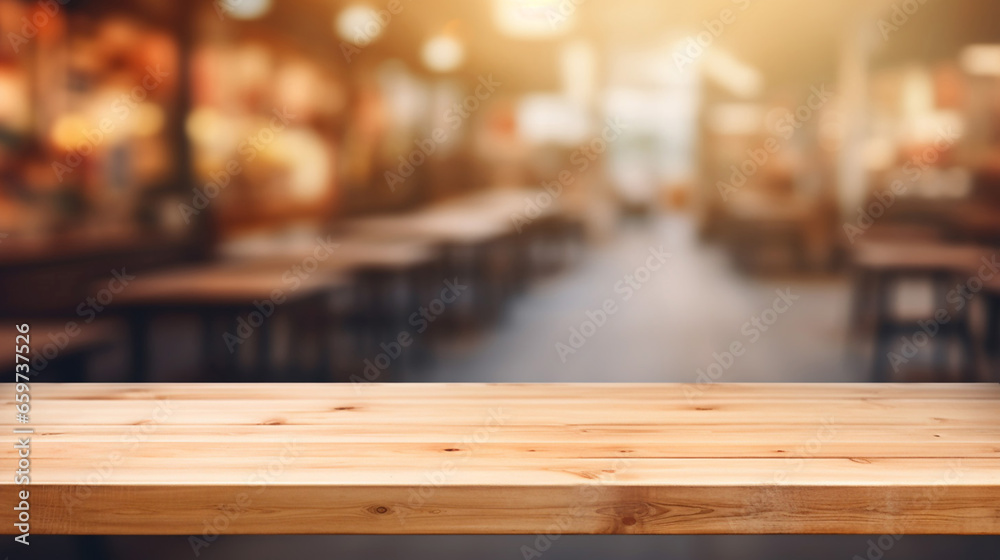 Beautiful Empty Top Wooden Table with Supermarket Blur Backgroun