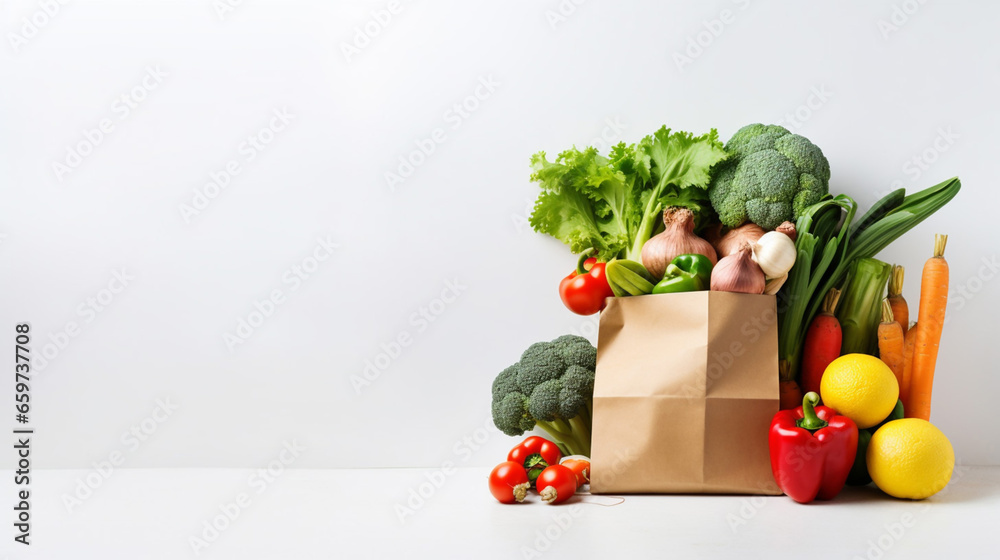 Amazing Paper Bag of Different Health Food on a White Background - obrazy, fototapety, plakaty 