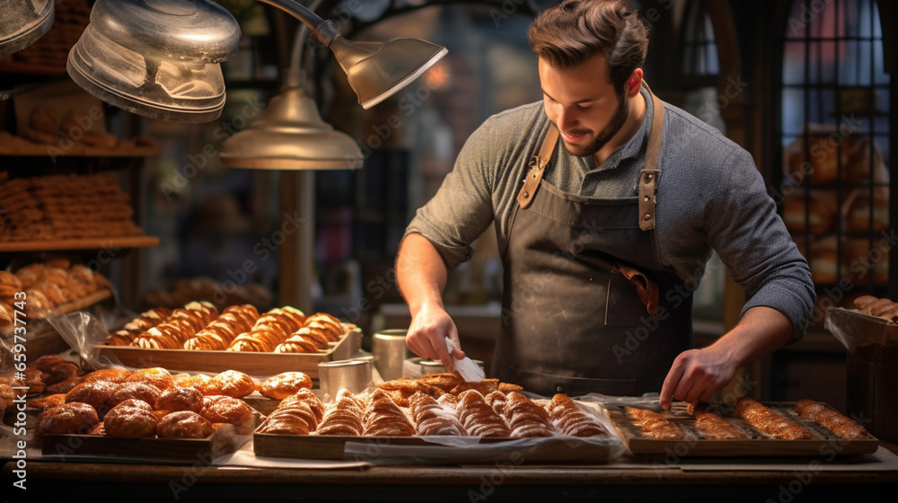 Seller Putting Delicious Croissants on the Store Seller Putting Delicious Croissants on the Store