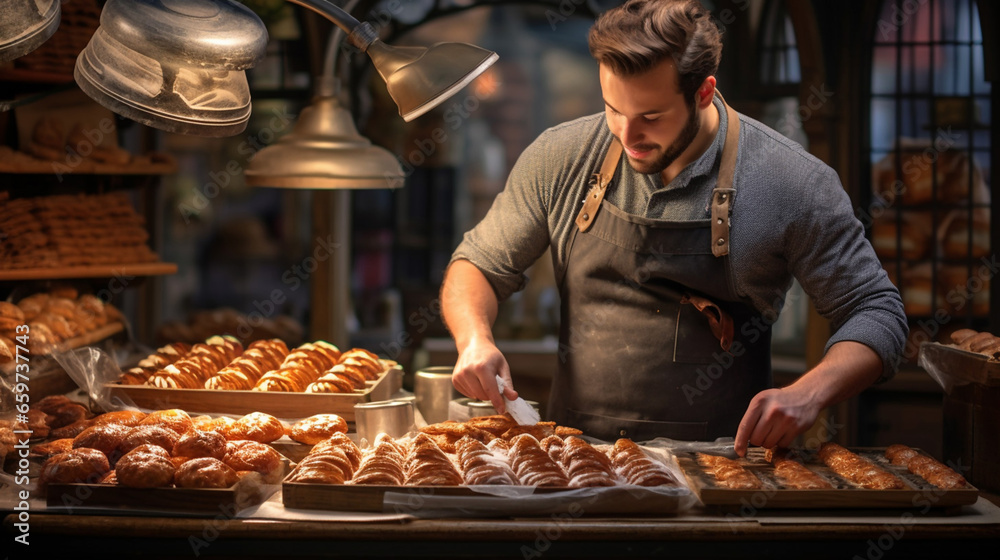 Seller Putting Delicious Croissants on the Store