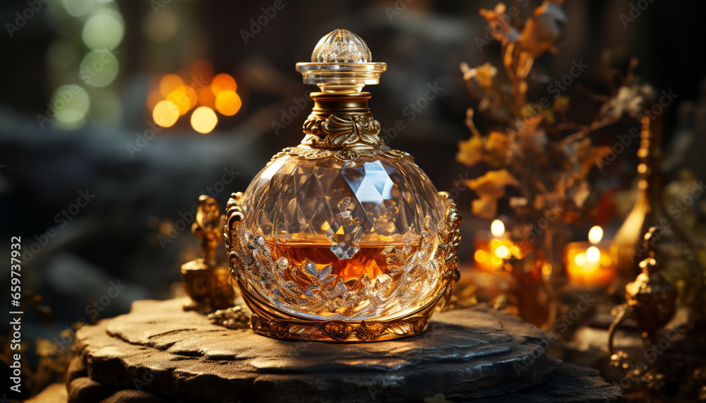 Whiskey glass on table, luxury liquid in flame lit bottle generated by AI Whiskey glass on table, luxury liquid in flame lit bottle generated by AI