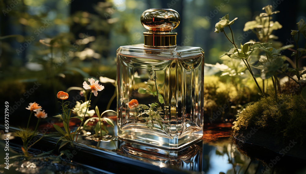 Aromatherapy bottle reflects elegance and beauty in nature scented bouquet generated by AI Aromatherapy bottle reflects elegance and beauty in nature scented bouquet generated by AI