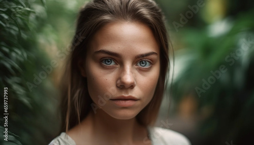 One young adult woman  looking at camera  exuding confidence outdoors generated by AI