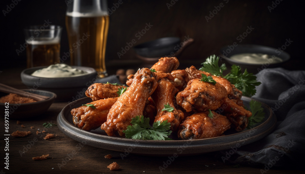 Grilled chicken wings with spicy buffalo sauce, a pub favorite generated by AI Grilled chicken wings with spicy buffalo sauce, a pub favorite generated by AI