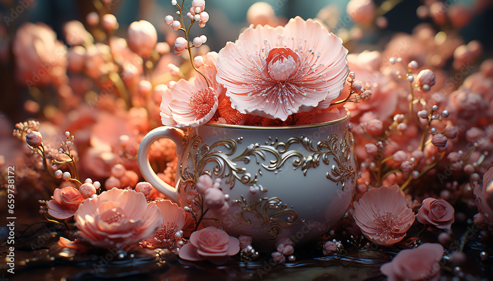 A beautiful bouquet of pink flowers adorns the elegant table generated by AI