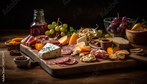 A rustic gourmet meal prosciutto, salami, cheese, bread, fruit, wine generated by AI