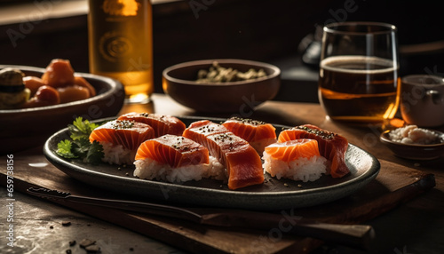 Fresh seafood plate a gourmet meal with sashimi and rice generated by AI