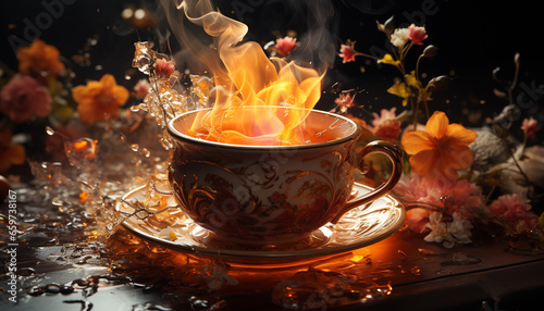Hot drink, burning wood, glowing candle, nature still life, rustic warmth generated by AI