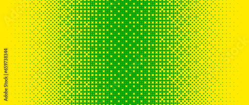 Pixelated bitmap gradient texture. Yellow and green dither pattern background. Abstract glitchy pattern. 8 bit video game screen wallpaper. Colorful pixel art retro illustration. Vector backdrop