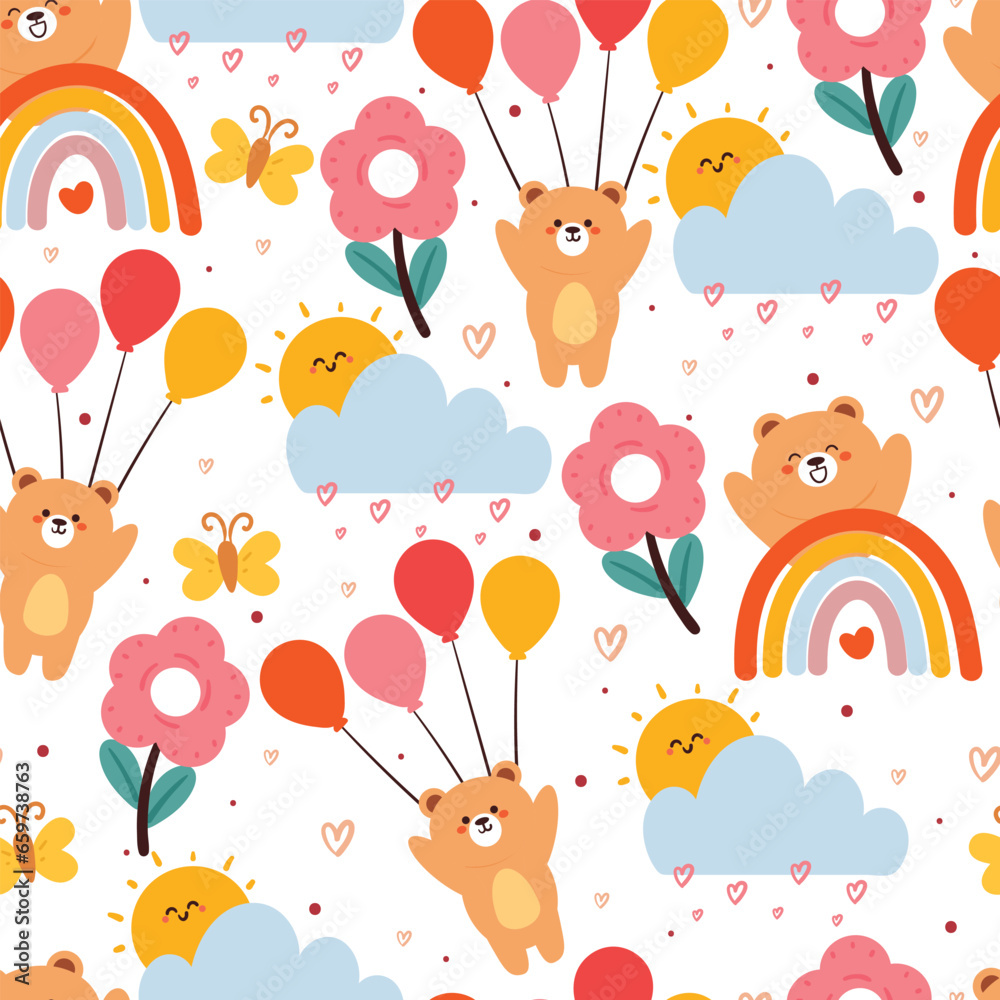 cute seamless pattern cartoon bear with cute sky element. animal wallpaper for kids, fabric print, gift wrap paper