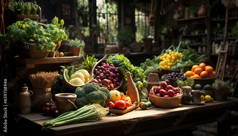 Freshness of organic fruits and vegetables in a rustic wooden basket generated by AI