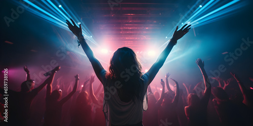 Girl DJ in club, people dancing in electronic music, techno or raving in laser spotlight. Night club crowd dance with hands up in cinematic photography style, depth of field, selective focus