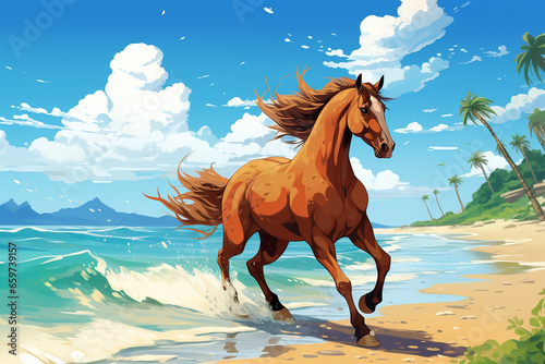 anime style scenery background, a horse on the beach © Yoshimura