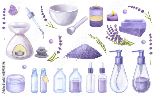 Banner set violet lavender flowers, essential oil, cosmetics bottles, soap, candle. Hand drawn watercolor illustration isolated on white background. For cosmetics packaging, beauty magazines, logo