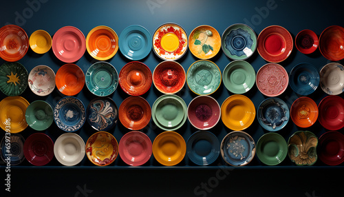 Vibrant colors adorn the ornate pottery in the indigenous store generated by AI