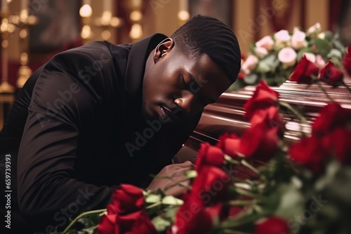 A young African American man says goodbye to a deceased man in a church. A coffin, flowers and a grieving relative are nearby. The pain of loss and leaving for a better world.