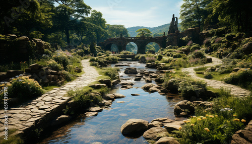 Tranquil scene  ancient bridge reflects beauty in nature green landscape generated by AI