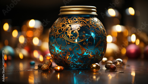 Illuminated winter night, Christmas decoration glowing, ornament, candlelight, shiny flame generated by AI